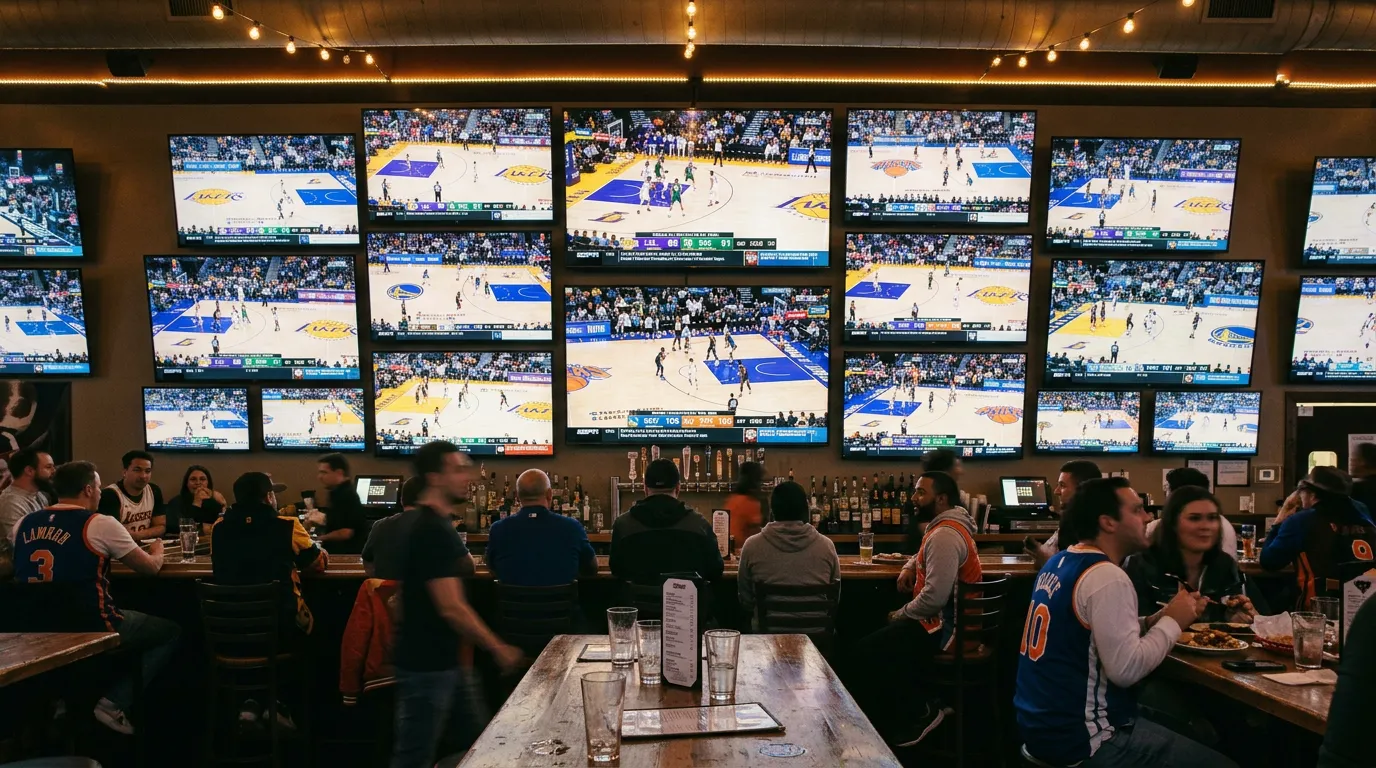 Multiple NBA games displayed on screens showing different basketball matchups