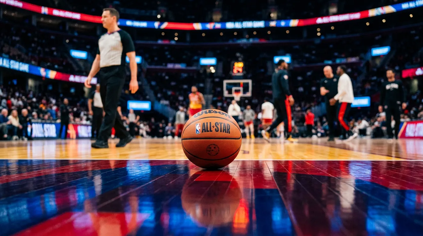 NBA All-Star Game basketball with colourful arena lights and player warm-ups