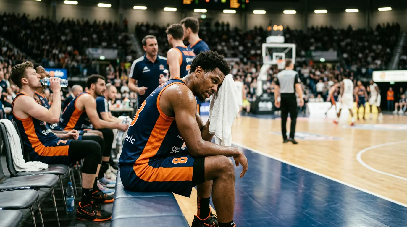 Tired NBA player on bench with towel during game break