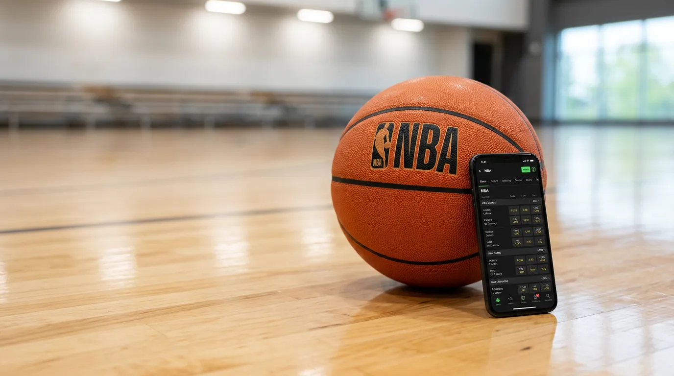 Basketball on hardwood court with betting slip and smartphone showing odds