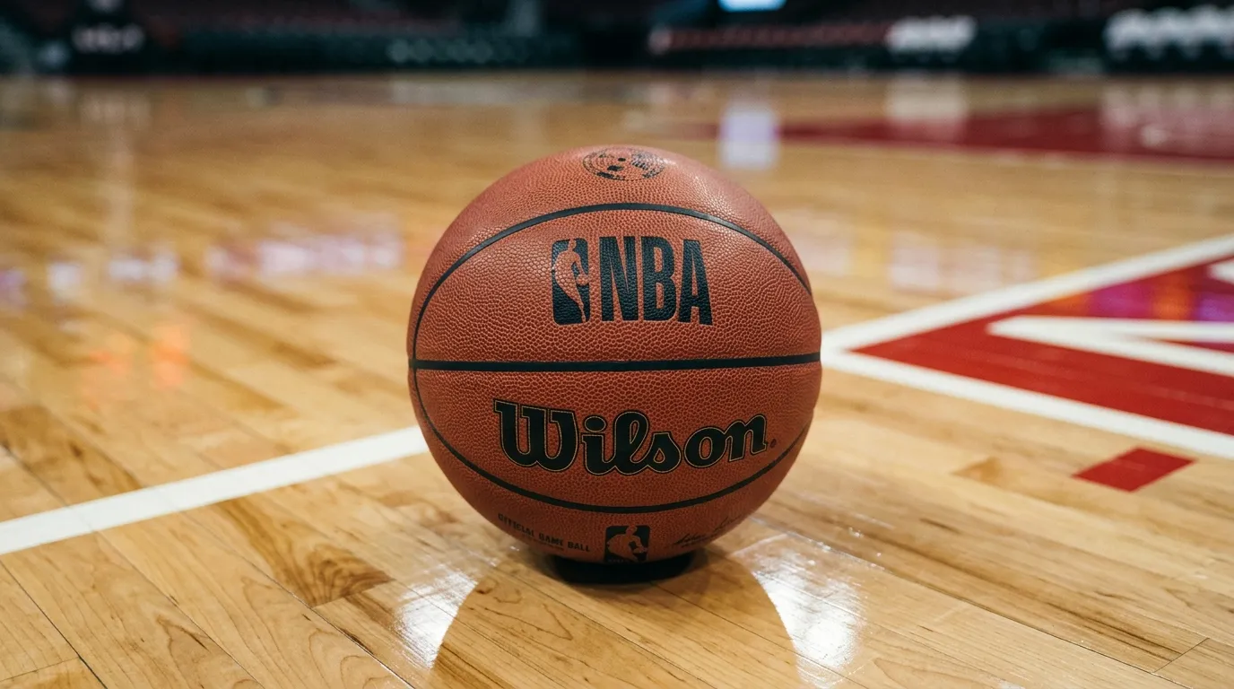 Close-up of basketball with NBA court markings visible on hardwood floor