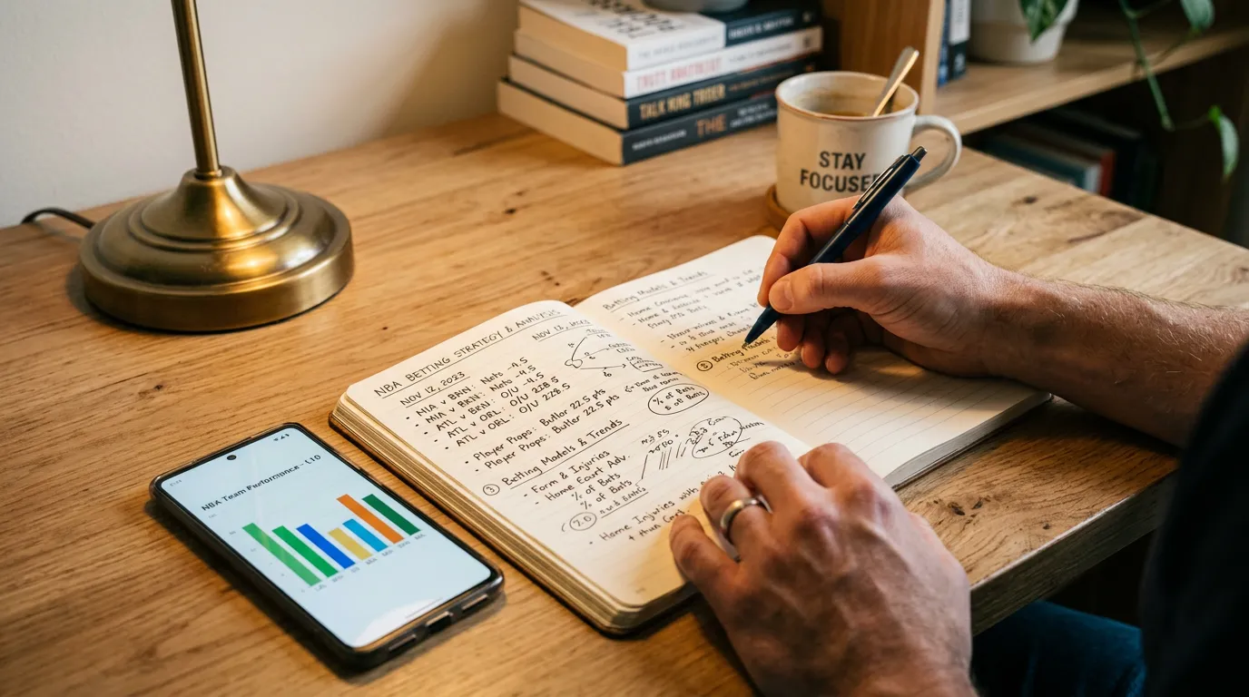 Person reviewing basketball statistics and betting data on notebook