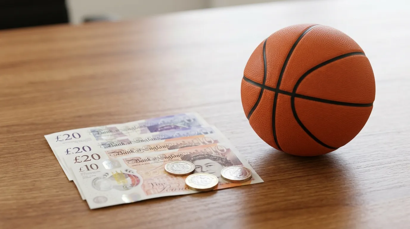 British pound notes and coins next to basketball on desk representing tax-free gambling winnings in the UK
