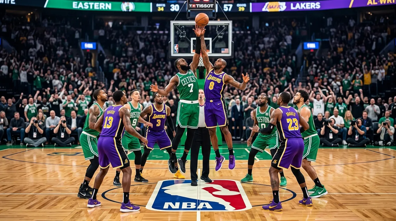 NBA Eastern and Western Conference teams facing off at centre court during inter-conference regular season matchup