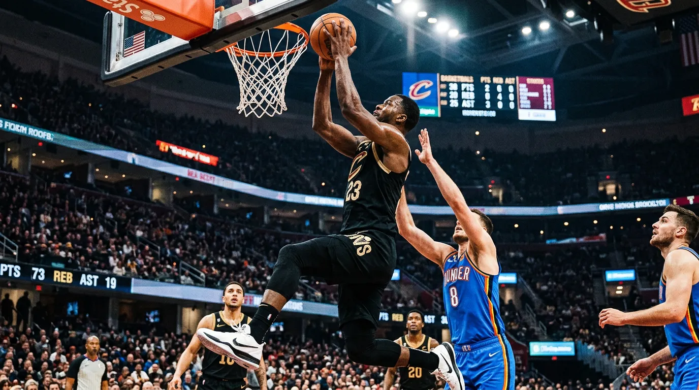 Basketball player grabbing rebound with statistics overlay showing points and rebounds
