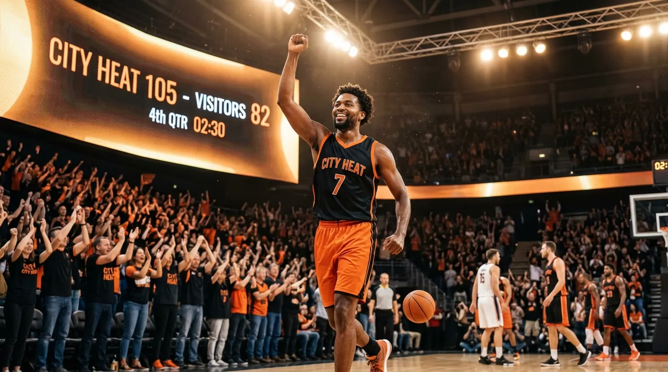 NBA player celebrating during game with scoreboard showing large point differential
