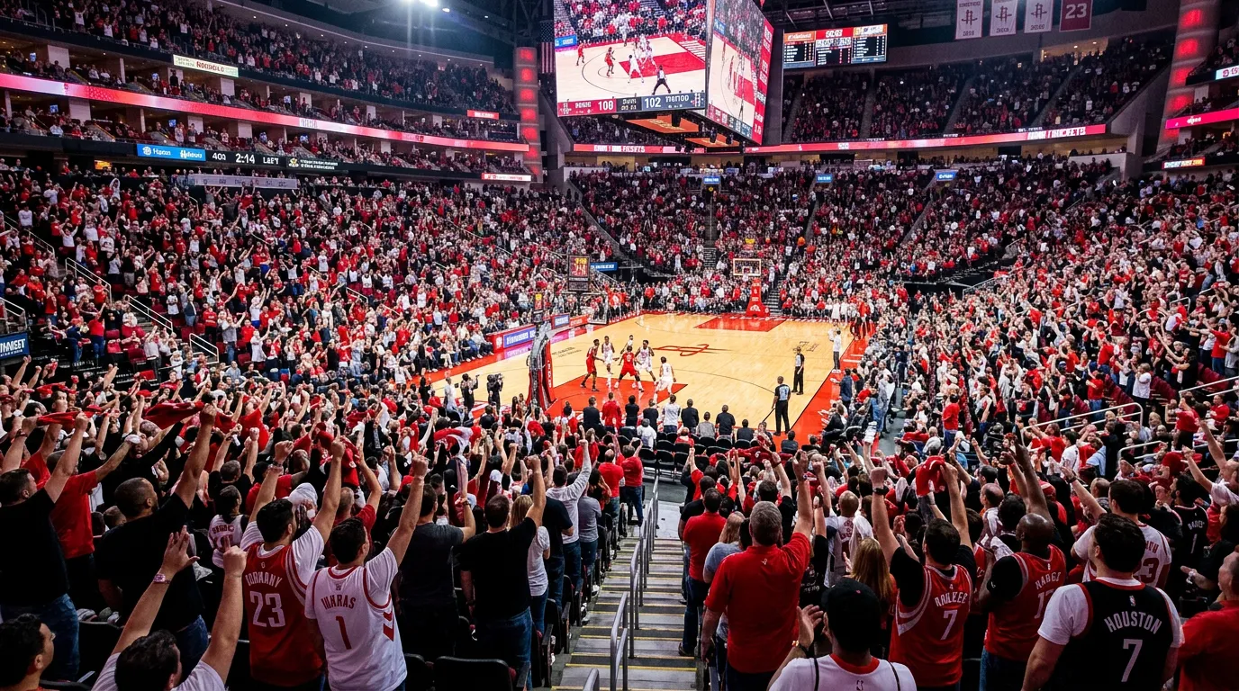Packed NBA arena with enthusiastic home crowd cheering during basketball game showing the energy of home court advantage