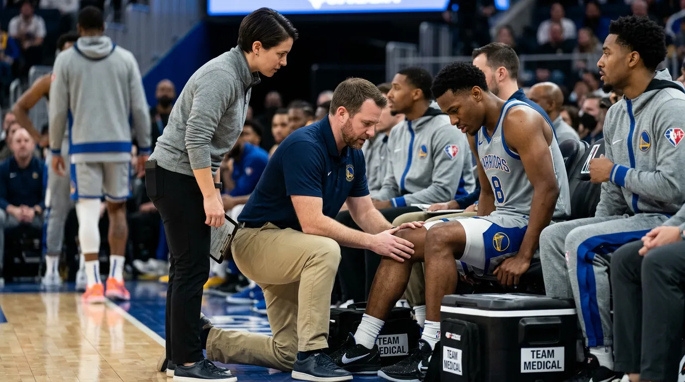 NBA medical staff attending to player on basketball court sideline with team bench visible in background