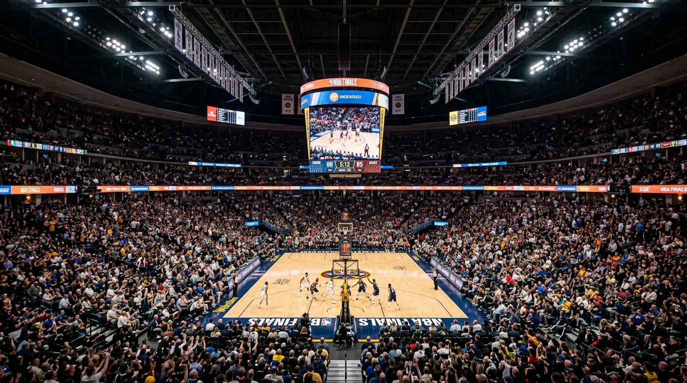 NBA basketball arena during game with crowd and court action visible