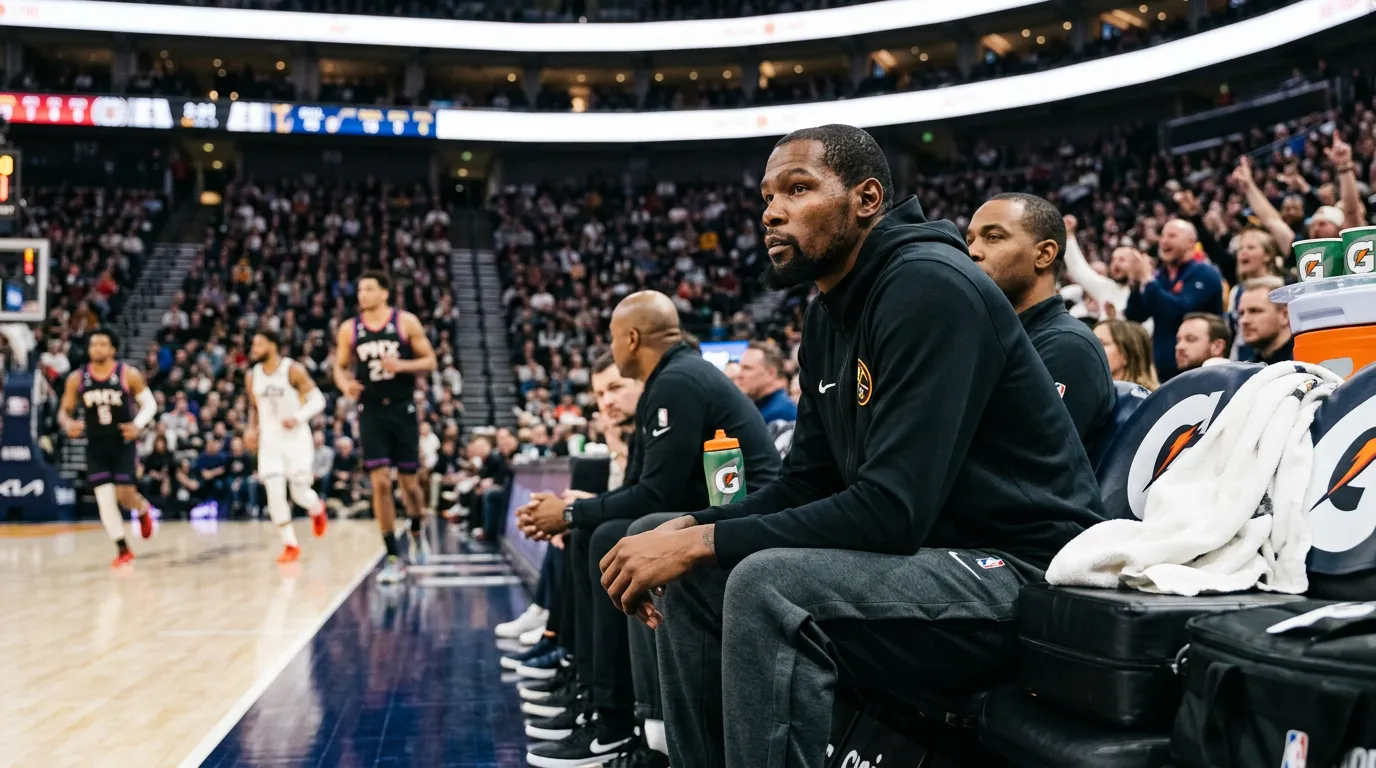 NBA star player in team warm-up gear sitting on bench watching teammates during regular season game rest day