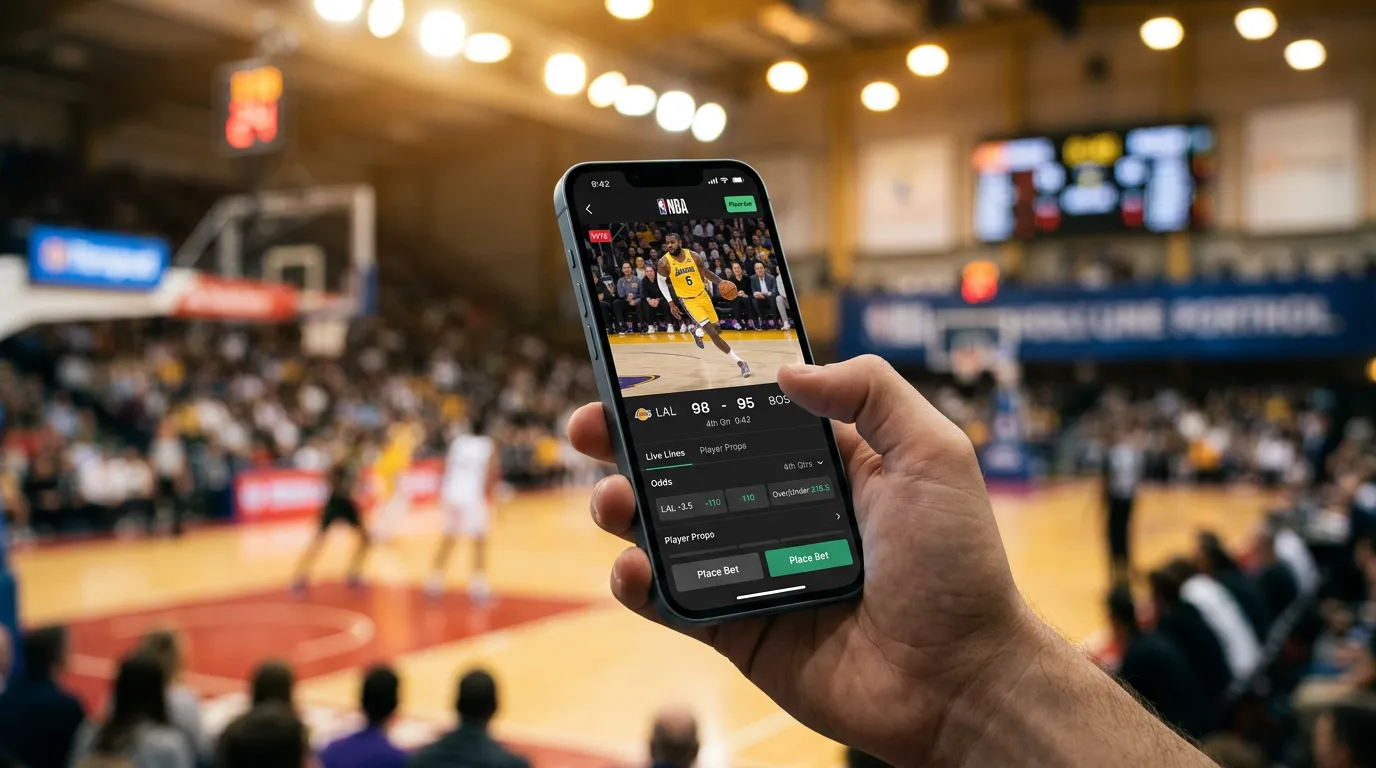 Smartphone displaying basketball game with betting interface on screen