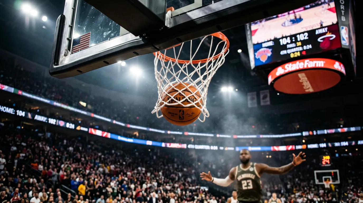 Basketball going through hoop during NBA game with scoreboard visible in background