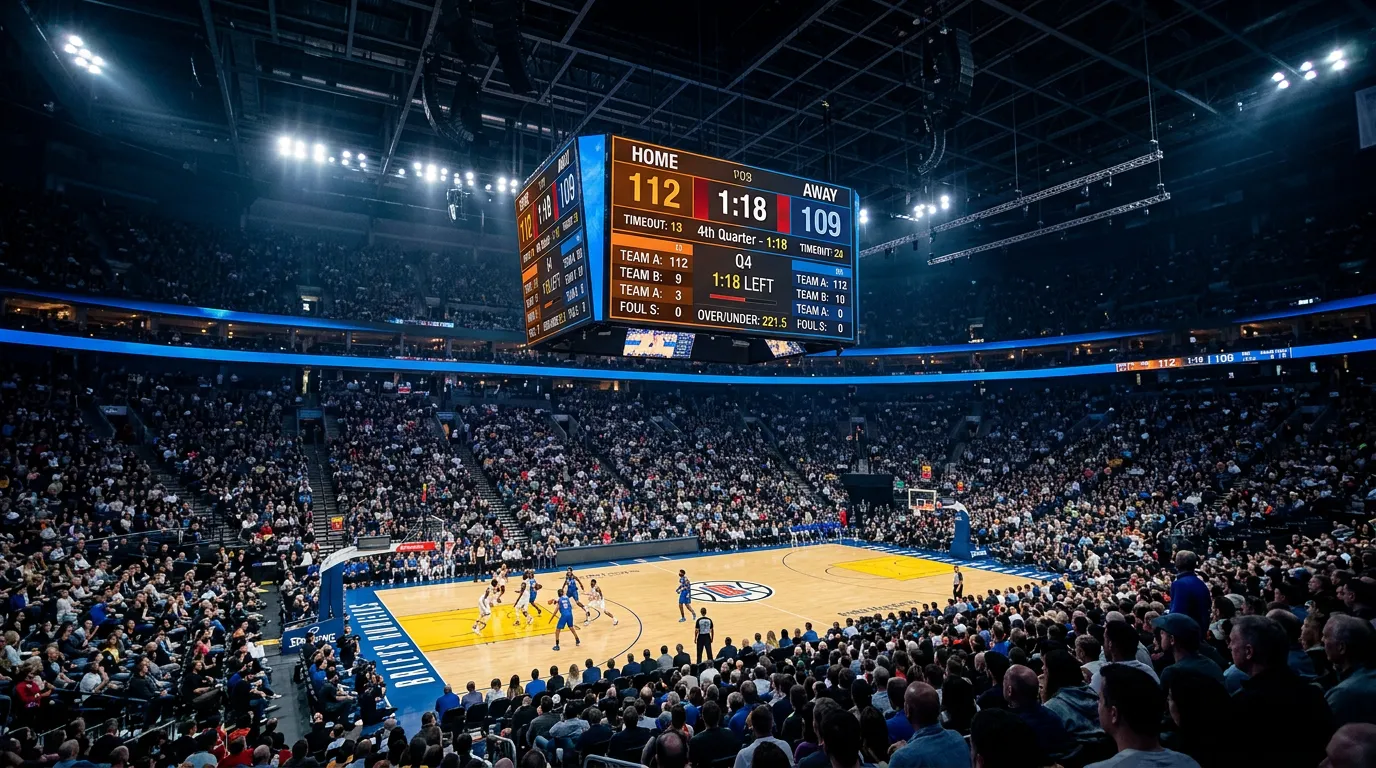 NBA arena scoreboard displaying game score with basketball court below