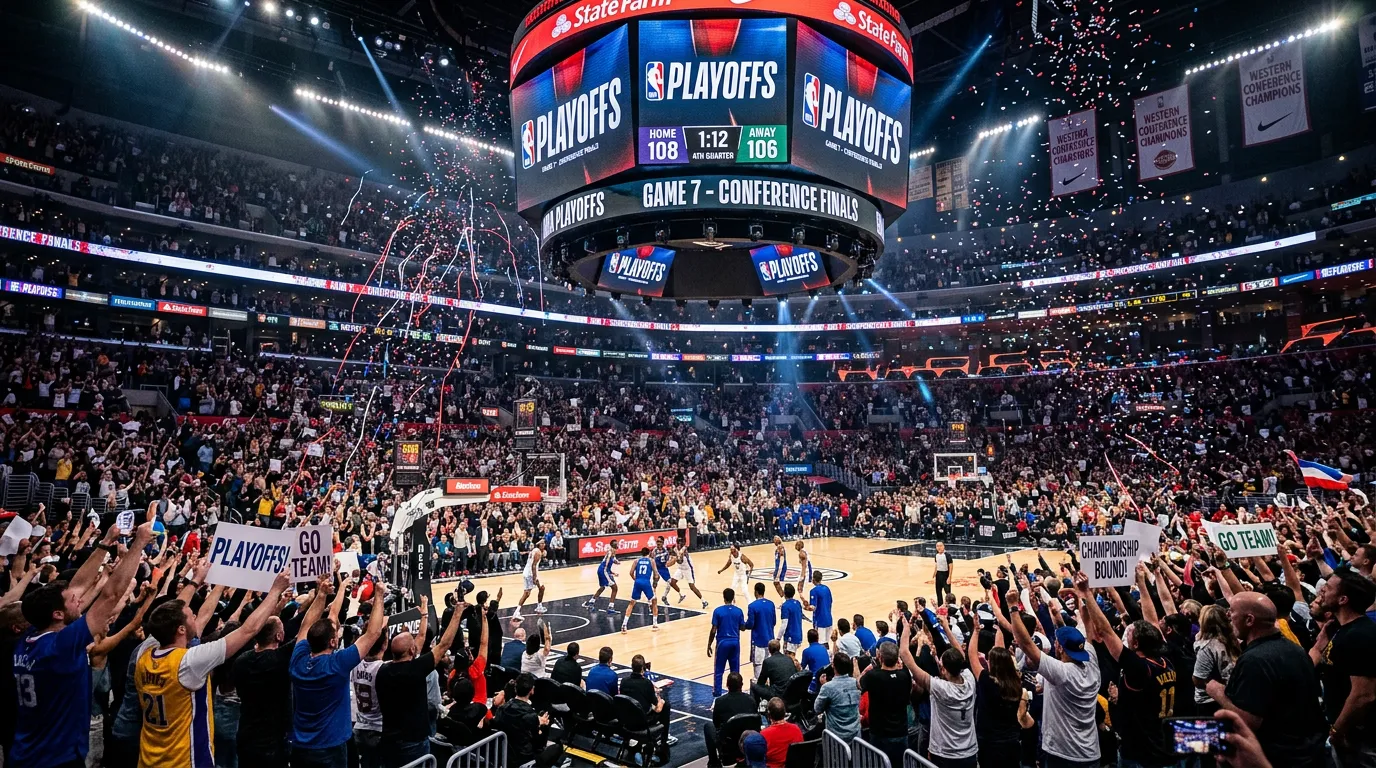 Packed NBA arena during playoff game with fans cheering and court action