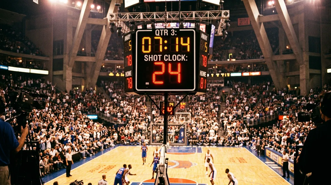 NBA game clock and scoreboard showing quarter information above basketball court