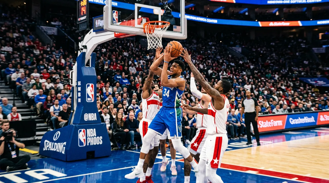 NBA player grabbing a rebound among multiple defenders under the basketball hoop during competitive game action
