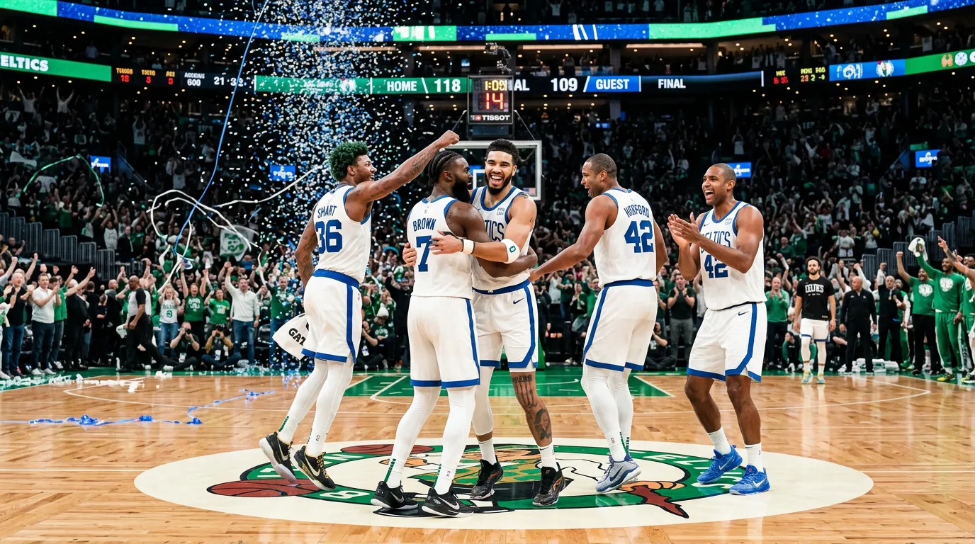 NBA team celebrating victory on home court with scoreboard visible showing season standings context