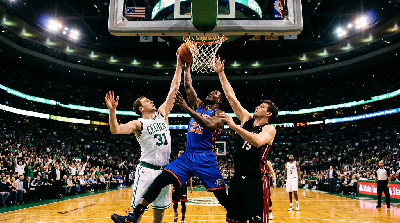 Basketball players competing for rebound near the hoop during NBA game