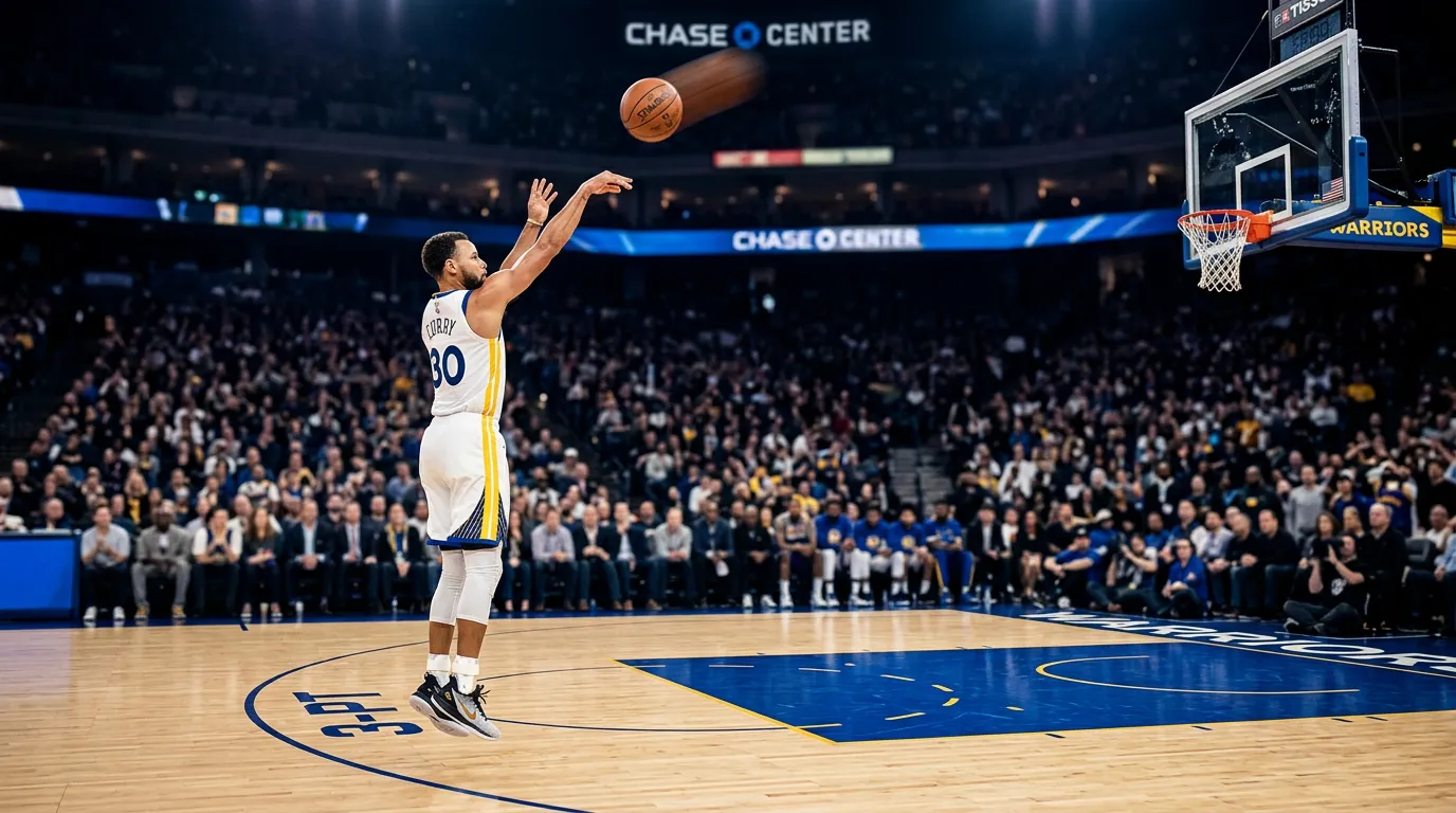 Basketball player shooting a three-pointer with perfect form as the ball arcs toward the basket during an NBA game