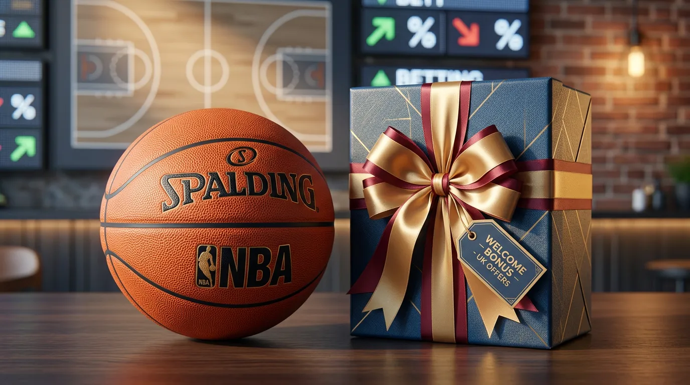 Basketball next to welcome gift box with bonus ribbon on sportsbook background