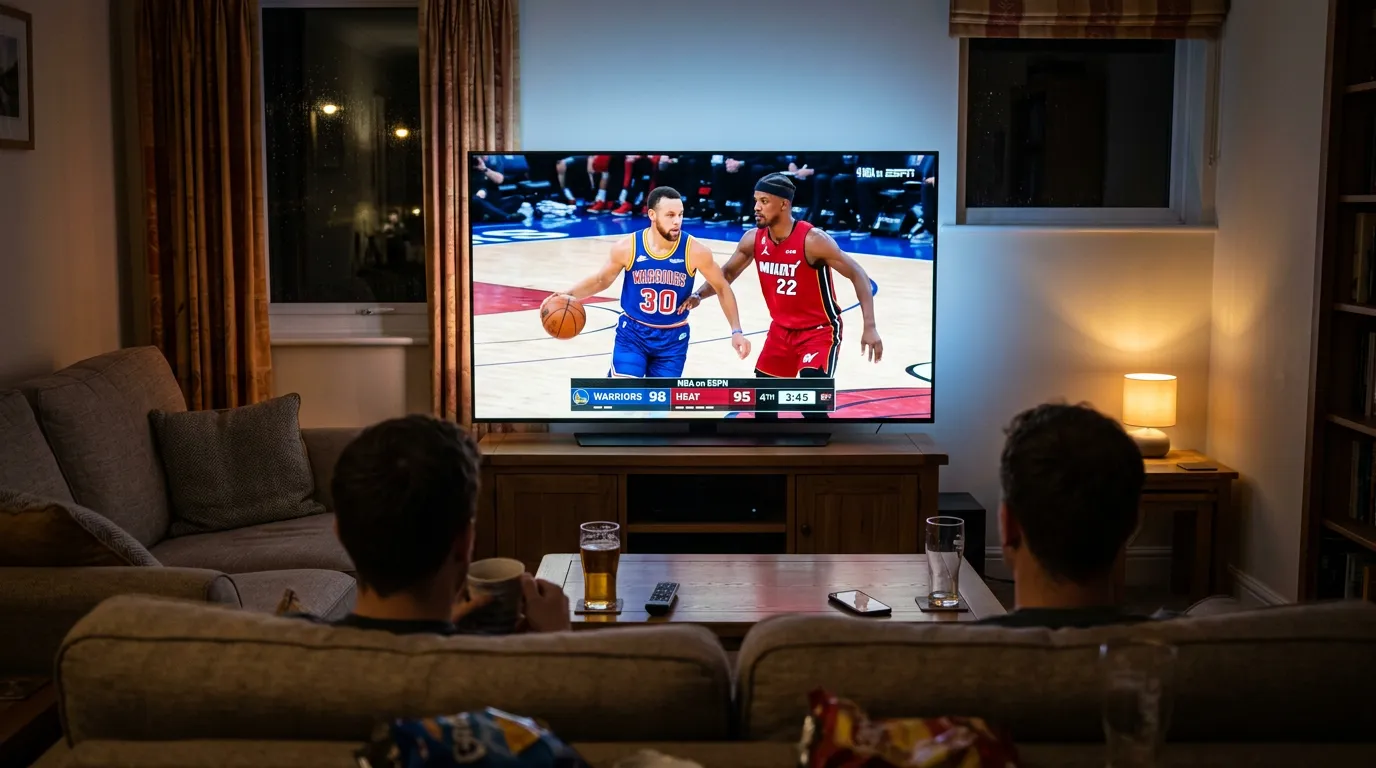 Television screen showing NBA basketball game in a British living room at night